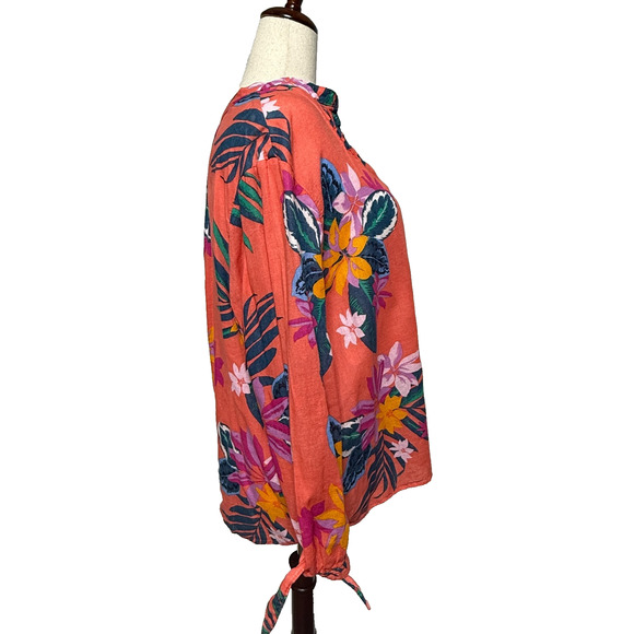 Old Navy Top Womens XXL Orange Blue Hawaiian Floral Linen Blend Beachy Coastal - Picture 7 of 9